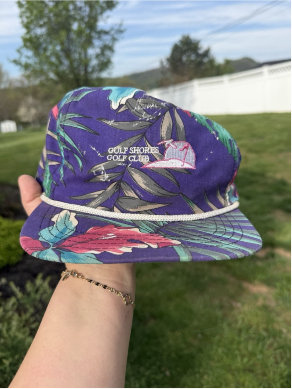 VTG 90s Gulf Shore Golf Club Alabama Hawaiian Floral Rope SnapBack Hat USA Made